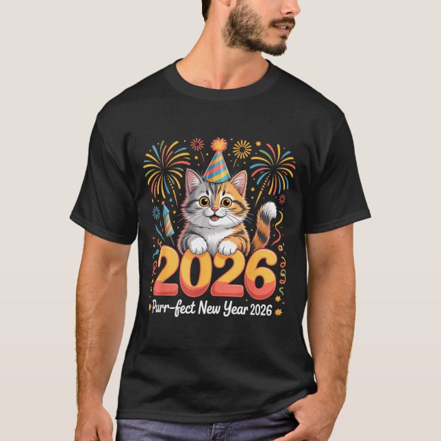 Purrfect New Year 2026 Cute Cat Fireworks Celebrat T-Shirt (Front)