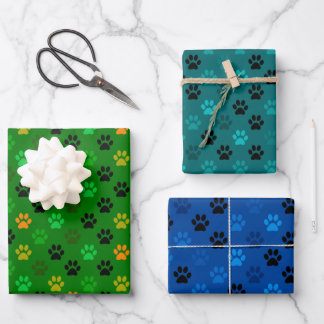 Purrfect Pet Paw Prints in Green Blue Wrapping Paper Sheet
