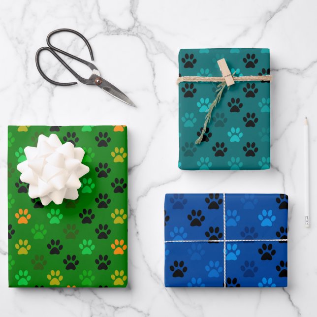 Purrfect Pet Paw Prints in Green Blue Wrapping Paper Sheet (Front)