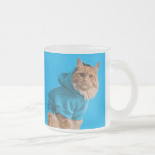 Purrfect Sip: Orange Cat in Blue Hoodie Frosted Glass Coffee Mug