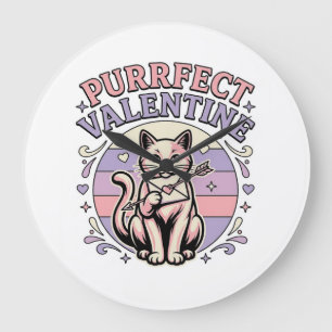 Purrfect Valentine Cat Valentine Love Vintage Vect Large Clock