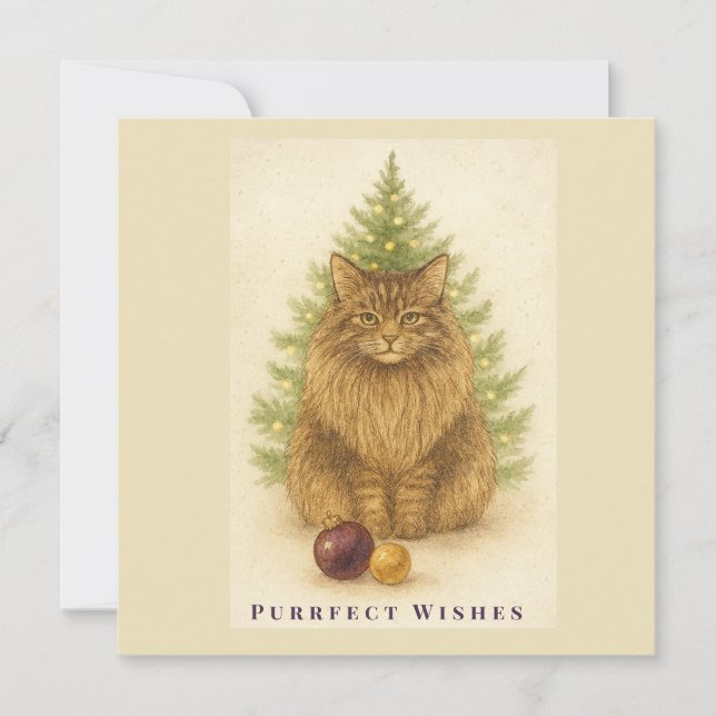 Purrfect Wishes – Cat Christmas  – Maine Coon Cat Holiday Card (Front)