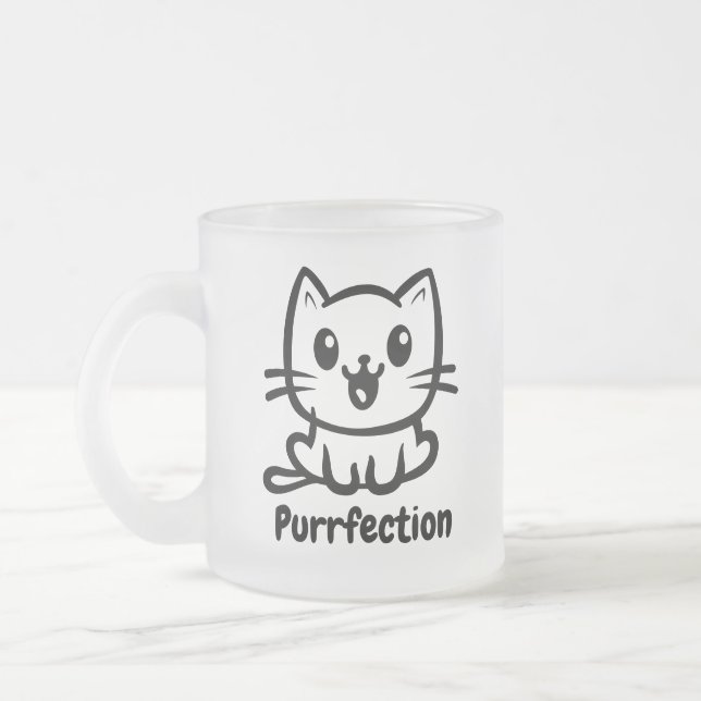 Purrfection, Very Cute Anime Cat Frosted Glass Coffee Mug (Left)