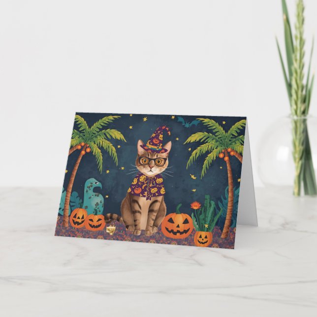 Purrfectly Bewitching Tropical Halloween Cat Card (Front)