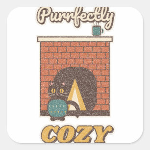 Purrfectly Cozy Black Cat in a Sweater by the Fire Square Sticker