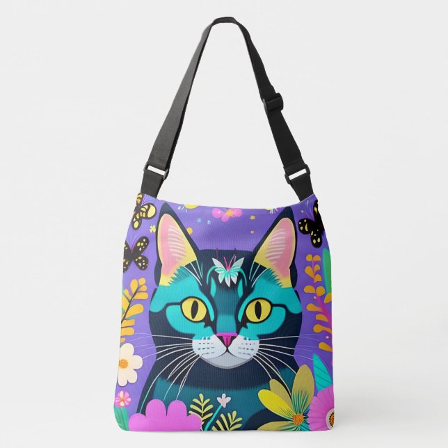 Purrfectly Cute Cat Illustration Purple Crossbody Bag (Front)