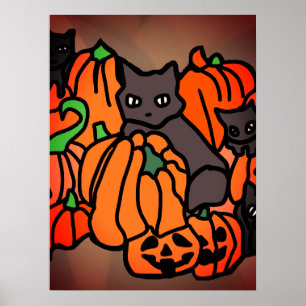 Purrfectly Haunted: Cats and Pumpkins in Halloween Poster