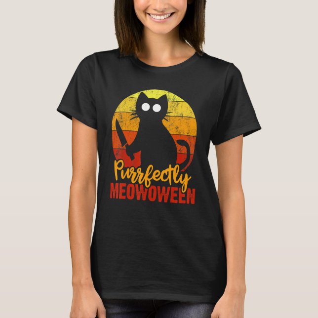 Purrfectly Meowoween Horror Black Cat  Murderous K T-Shirt (Front)