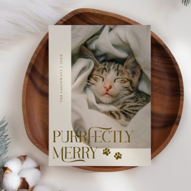 Purrfectly Merry Cat Photo Cream Christmas Holiday Card (Creator Uploaded)