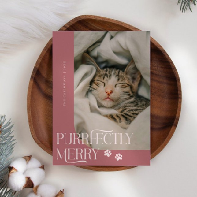 Purrfectly Merry Cat Photo Pink Christmas Holiday Card (Creator Uploaded)
