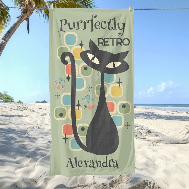Purrfectly Retro Black Cat Mid Century Beach Towel (Purrfectly Retro Black Cat Mid Century Beach Towel)