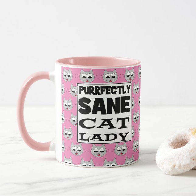 PURRFECTLY SANE CAT LADY Humourous Pink Mug (With Donut)