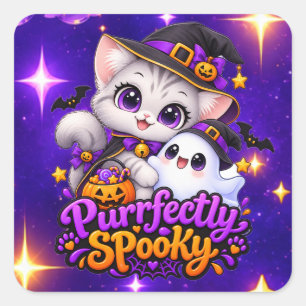 Purrfectly Spooky – Cute Halloween Cat Stic Square Sticker