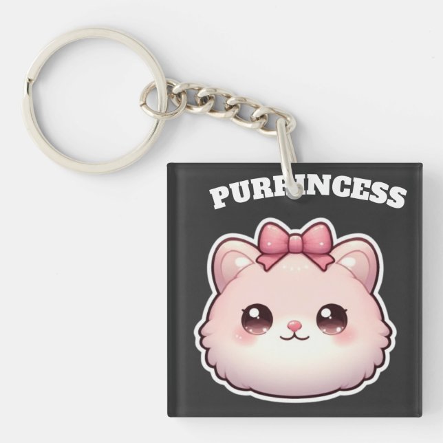 Purrincess Cute Pink Kitty Bow Design Key Ring (Front)