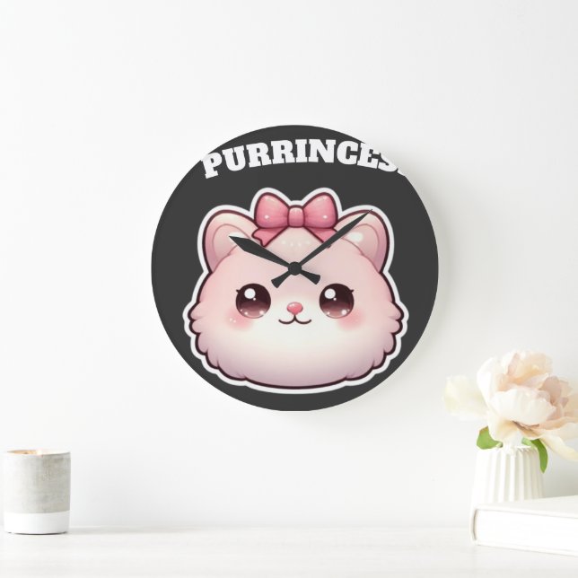 Purrincess Cute Pink Kitty Bow Design Large Clock (Home)
