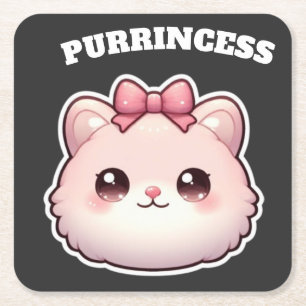 Purrincess Cute Pink Kitty Bow Design Square Paper Coaster