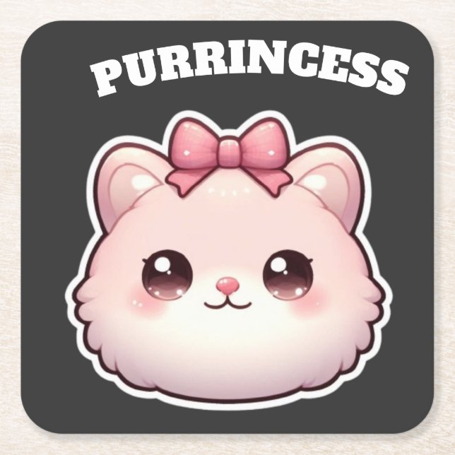 Purrincess Cute Pink Kitty Bow Design Square Paper Coaster (Front)