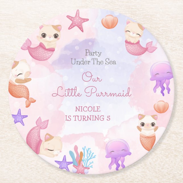 Purrmaid cat mermaid cute girl birthday round paper coaster (Front)