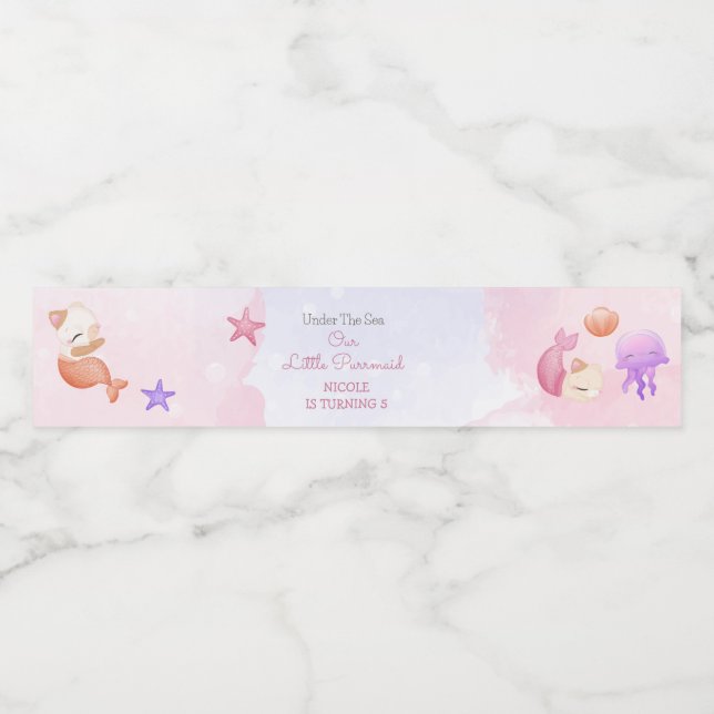 Purrmaid cat mermaid cute girl birthday  water bottle label (Single Label)