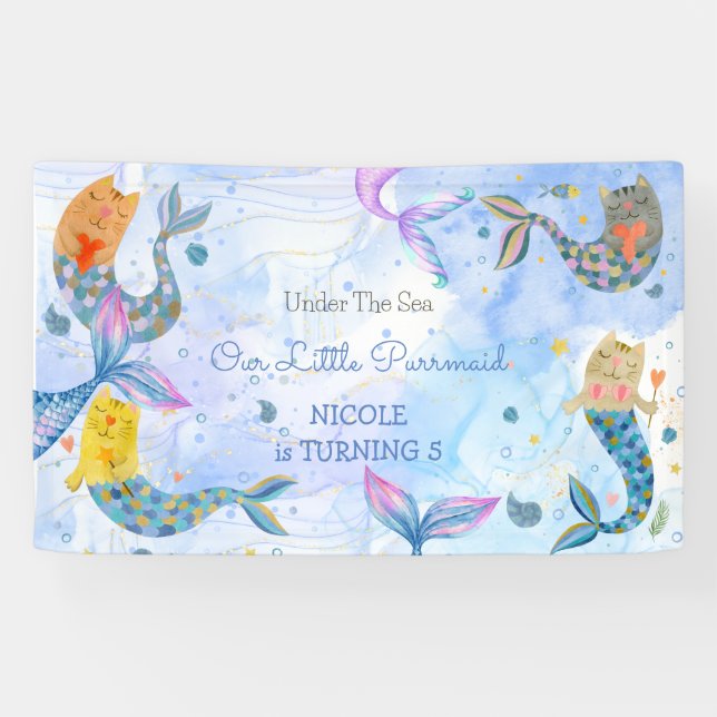 Purrmaid cat mermaid watercolor girl birthday  banner (Horizontal)