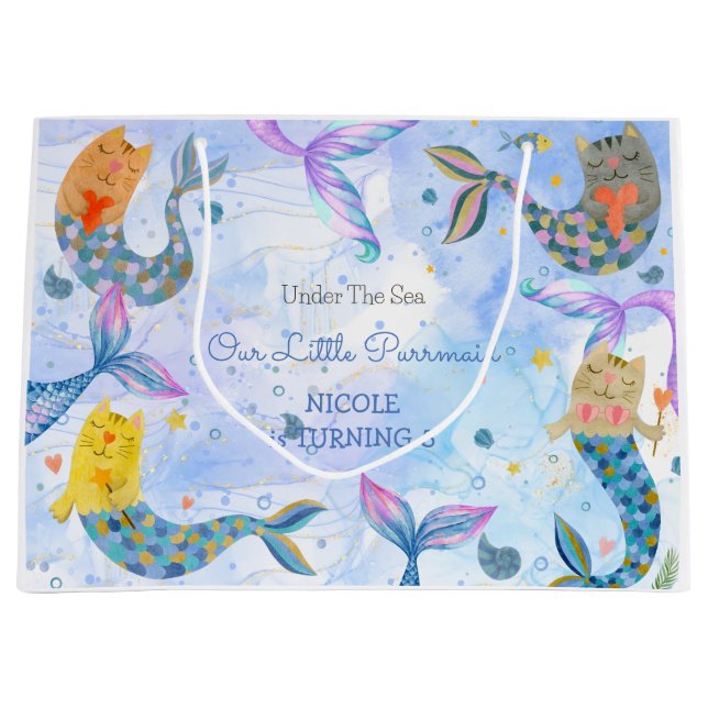 Purrmaid cat mermaid watercolor girl birthday large gift bag (Front)