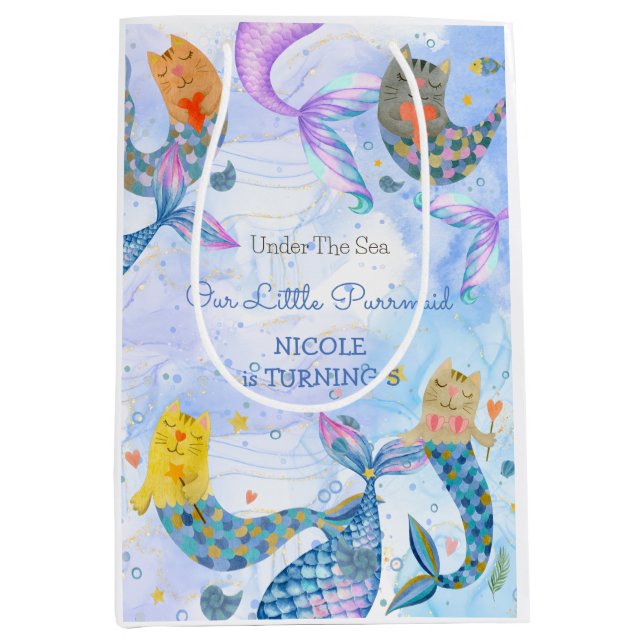 Purrmaid cat mermaid watercolor girl birthday medium gift bag (Front)