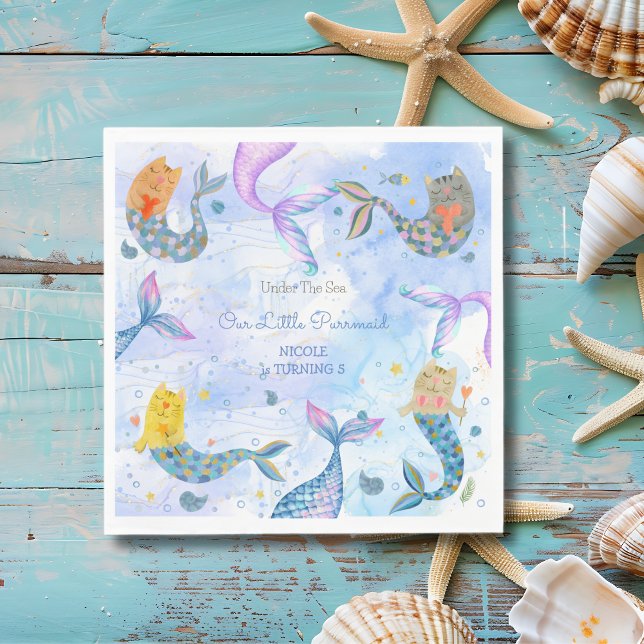 Purrmaid cat mermaid watercolor girl birthday napkin (Creator Uploaded)