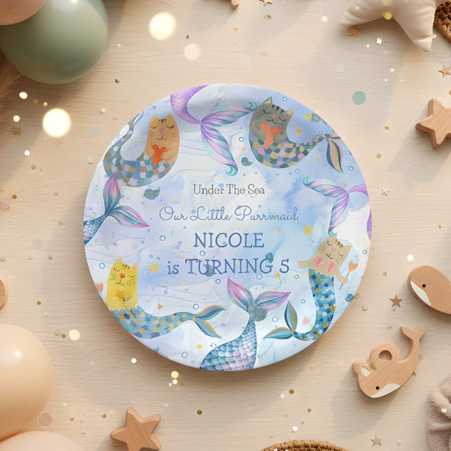 Purrmaid cat mermaid watercolor girl birthday paper plate (Creator Uploaded)