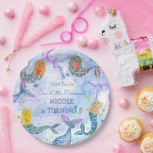 Purrmaid cat mermaid watercolor girl birthday paper plate