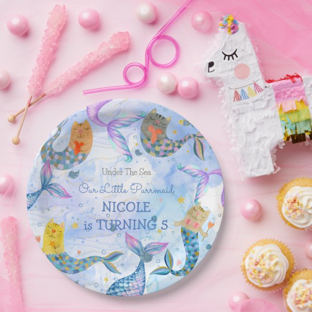 Purrmaid cat mermaid watercolor girl birthday paper plate (Party)