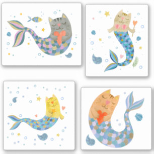 Purrmaid cat mermaid watercolor girl sticker pack
