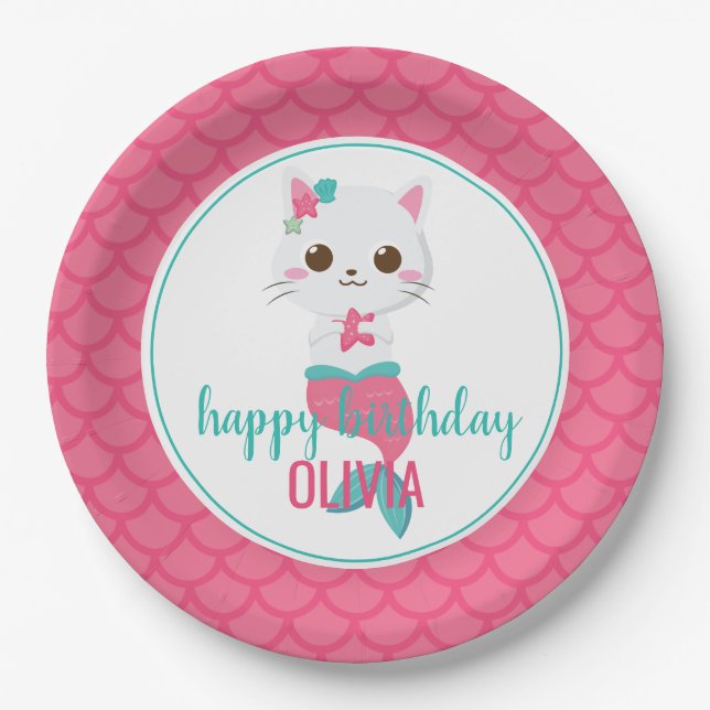 Purrmaid Mermaid Kitty Pink birthday Paper Plate (Front)