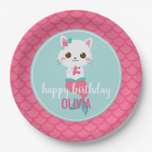 Purrmaid Mermaid Kitty Pink Scales birthday Paper Plate