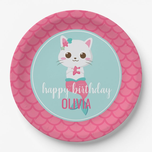 Purrmaid Mermaid Kitty Pink Scales birthday Paper Plate (Front)