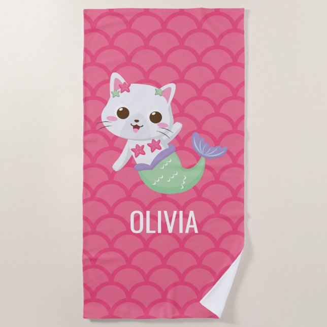 Purrmaid mermaid kitty pink scales personalised beach towel (Front)