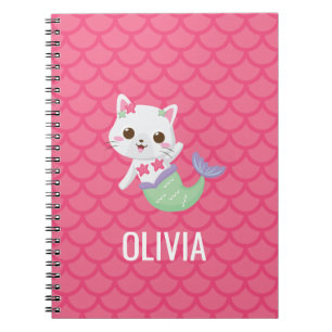 Purrmaid mermaid kitty pink scales personalised notebook