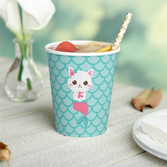 Purrmaids Mermaid Kitty turquoise birthday Party Paper Cups (Insitu)