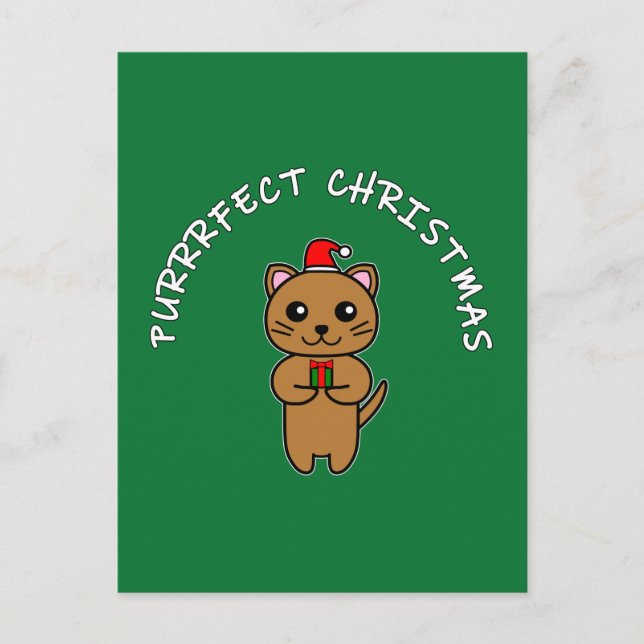 PURRRFECT CHRISTMAS - Brown Cat & White Writing 2 Holiday Postcard (Front)