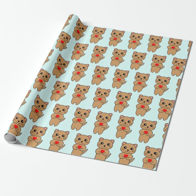Purrrfect Love Blue Wrapping Paper (Unrolled)