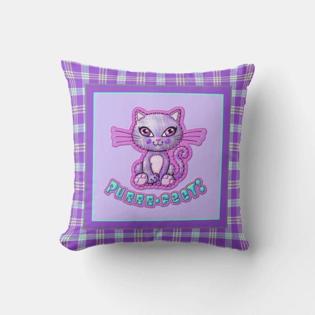 Purrrfect Plaid Kitten Cartoon Reversible Cushion (Front)