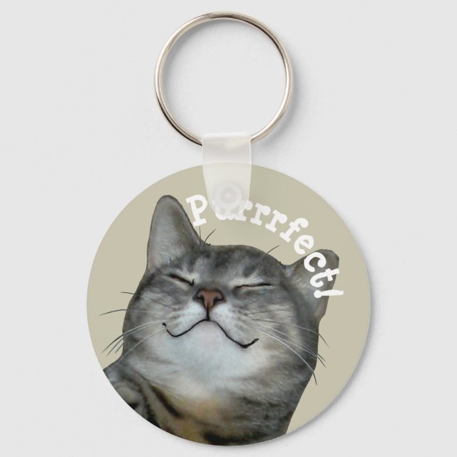 Purrrfect Smiling smug kitty cat Key Ring (Front)