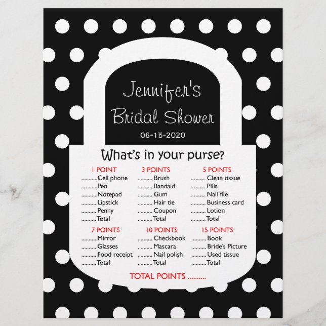 Purse Bridal Shower Game - Black (Front)