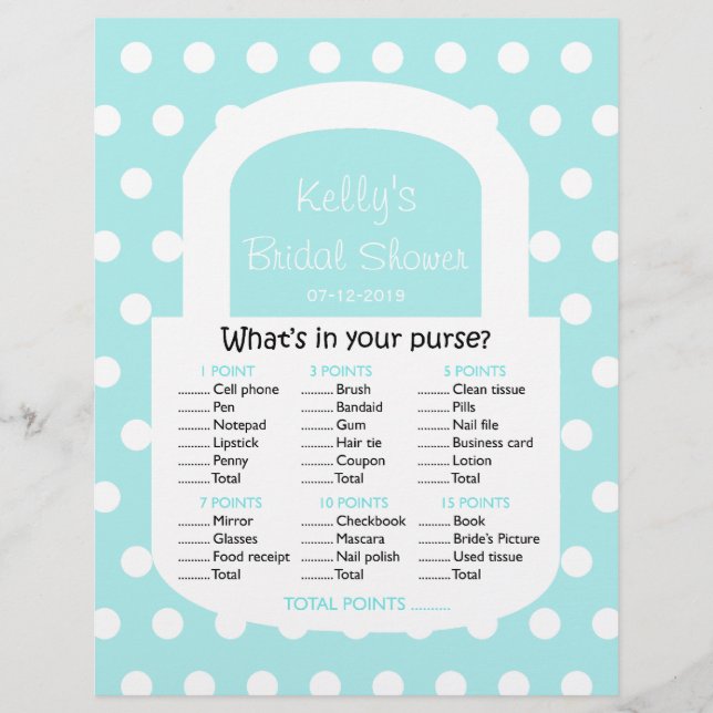 Purse Bridal Shower Game - Blue (Front)