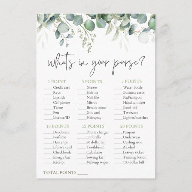 Purse Game Eucalyptus Bridal Shower Game Enclosure Card (Front)