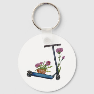 Push Scooter & Flowers Watercolor Button Key Ring