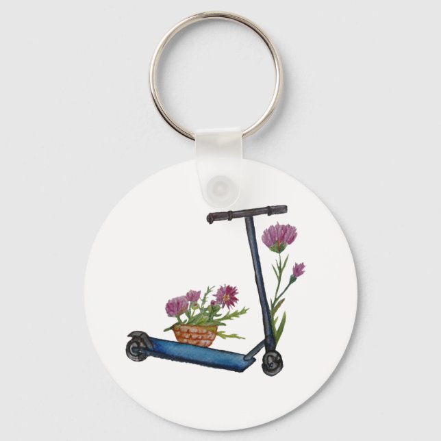 Push Scooter & Flowers Watercolor Button Key Ring (Front)