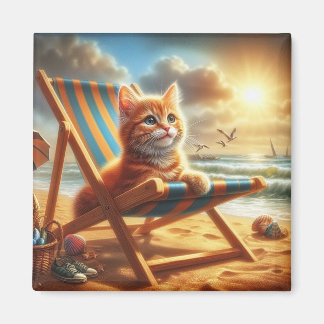 Puss Cat on a beach, sweet cat Magnet (Front)