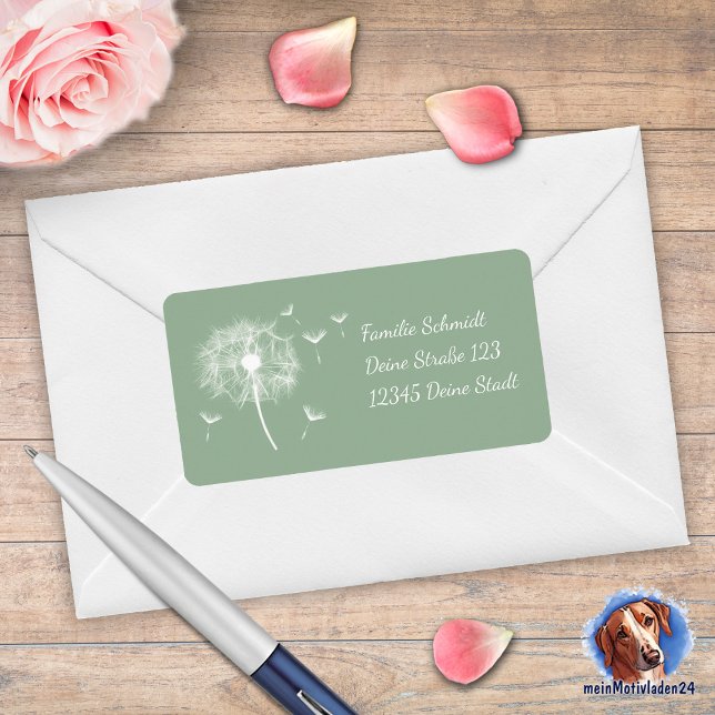 pustard trees - green | romantic label (romantischer Adressaufkleber mit filigranen Pusteblumen auf grünem Hintergrund)