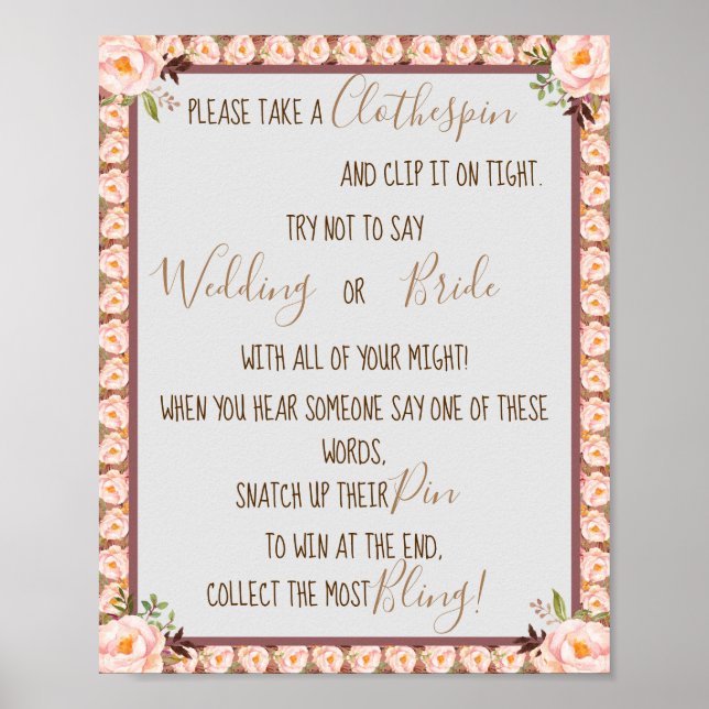 Put a Clothespin Pink Bridal Shower Game Sign (Front)