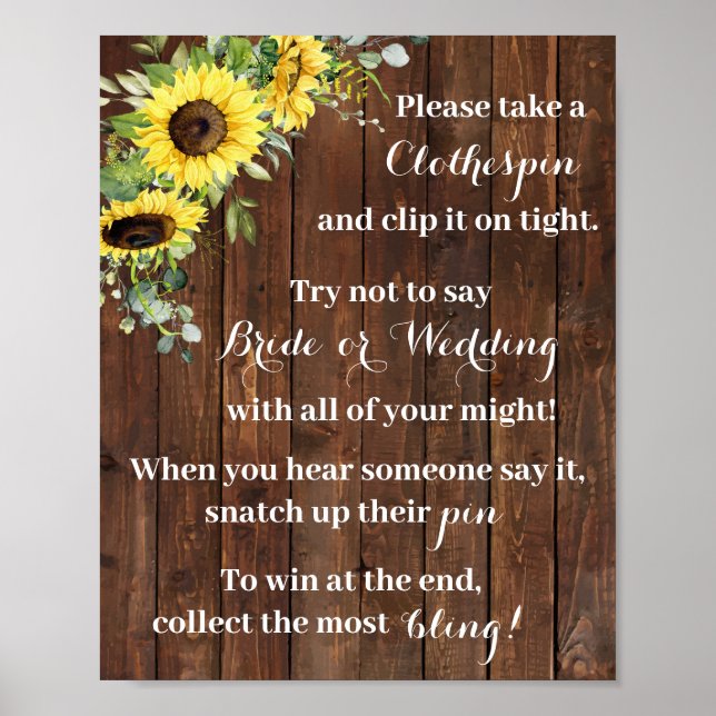 Put a Clothespin Sunflower Bridal Shower Game Sign (Front)